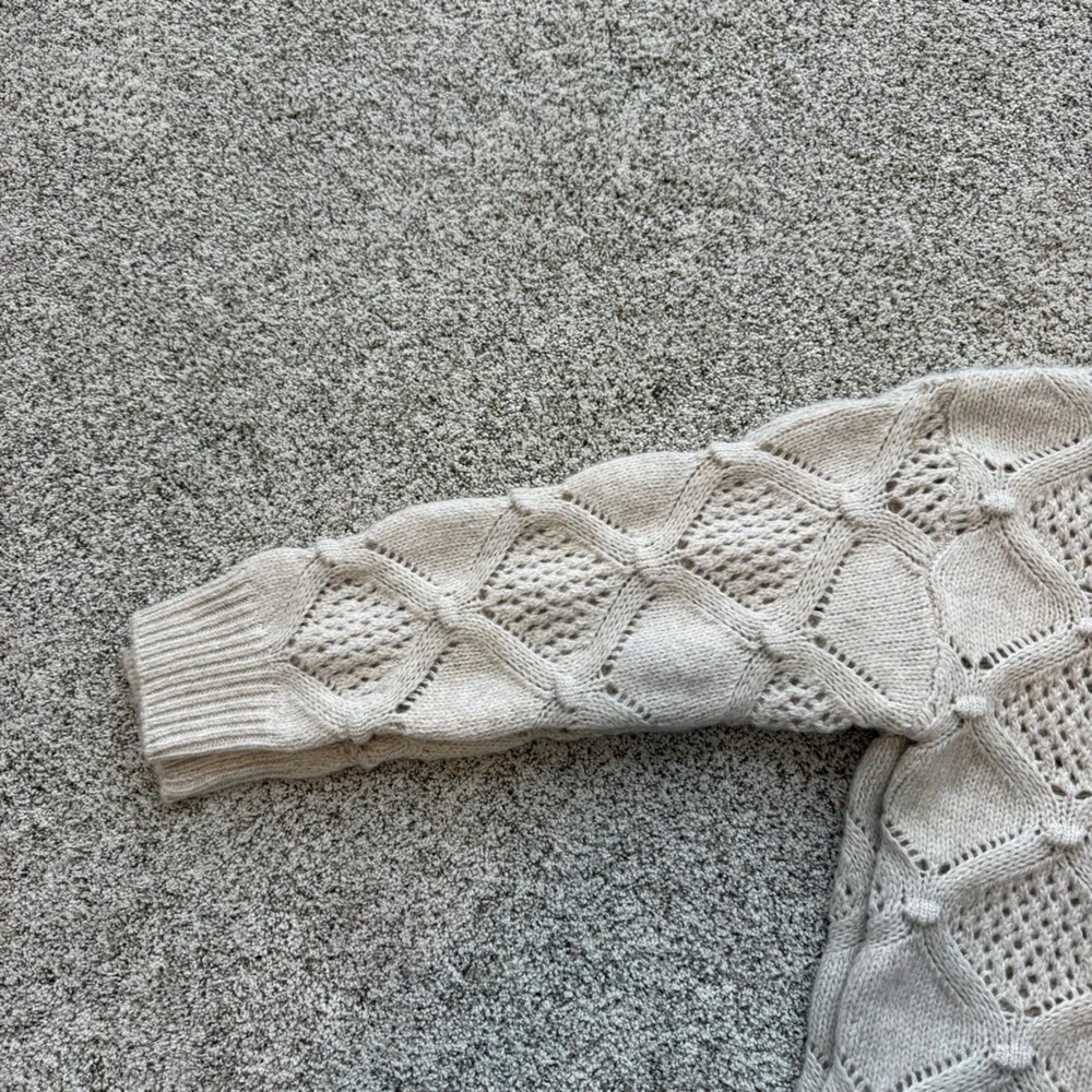 Frye Oatmeal Heather Knit Fringe Sweater | Boho Chunky Textured Pullover Large - Picture 4 of 11